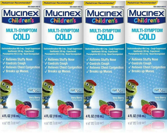 Mucinex Children's Multi-Symptom Cold Liquid Very Berry Flavor - 4 oz, Pack of 4