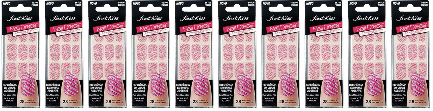 Kiss Nail Dress 56706, Silver/ Pink, 28 Jeweled Strips, LOT of TEN- NEW