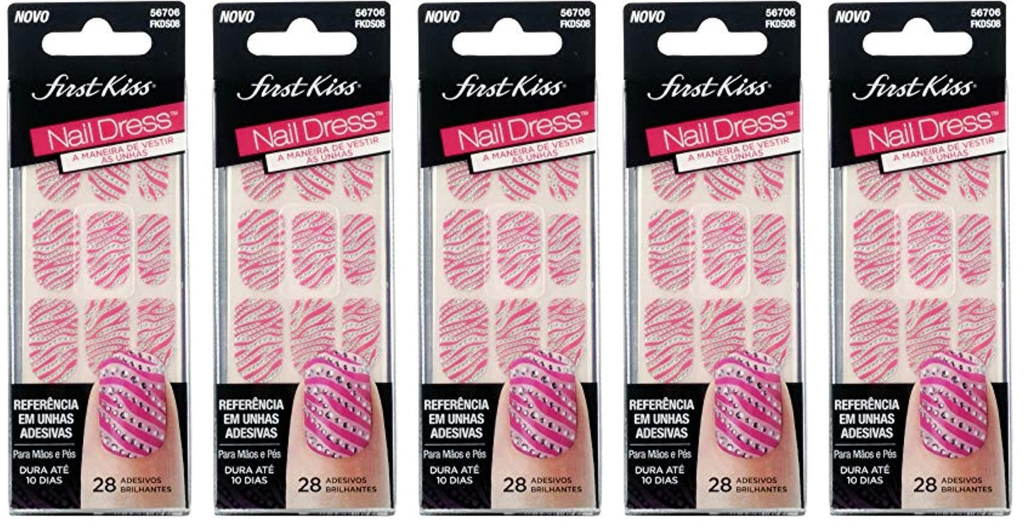 Kiss Nail Dress, 56706, Silver/Pink, 28 Jeweled Strips, Lot of 5- NE