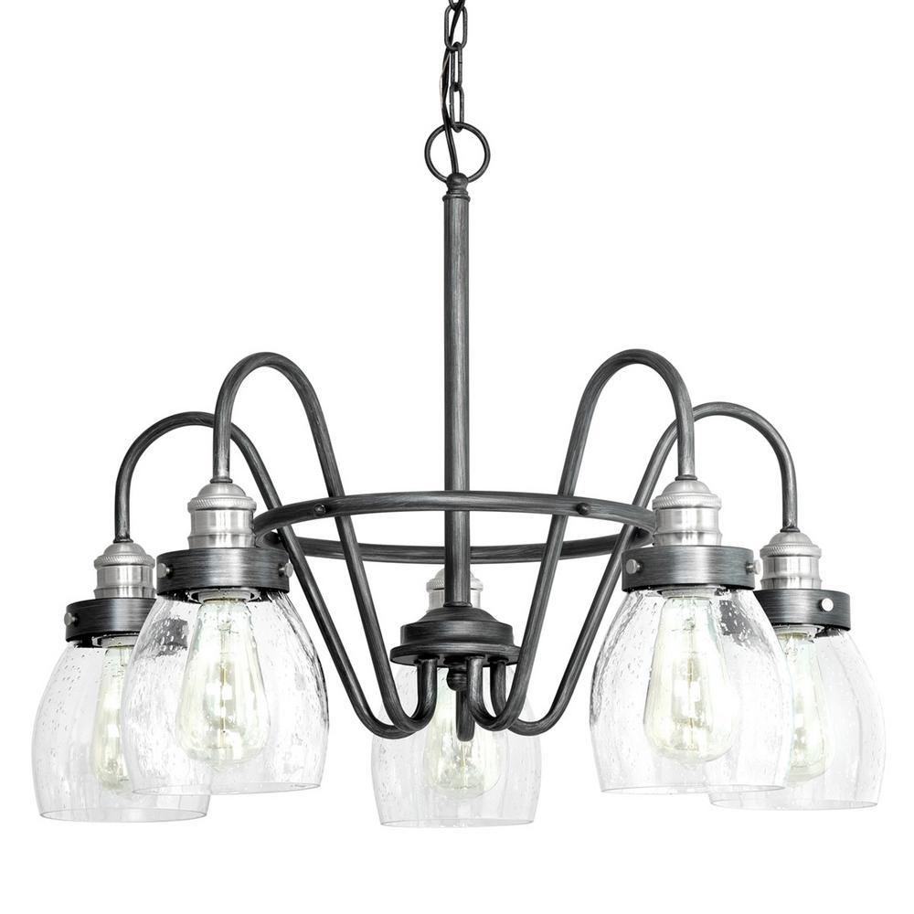 Progress Lighting Crofton 5-Light Rustic Pewter Chandelier with Brushed Nickel Accents and Clear Seeded Glass